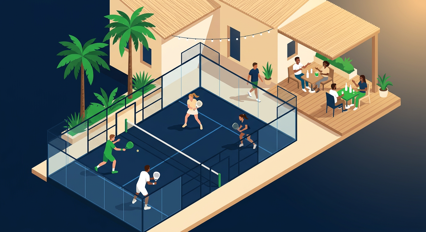 Illustration of players socializing at a Cyprus padel club with courts, lounge area, and palm trees