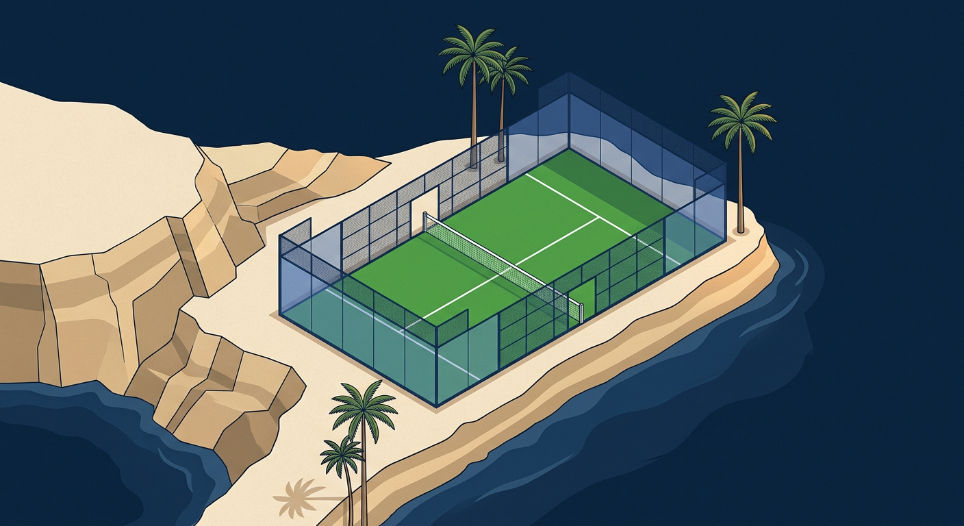 Isometric illustration of a padel court overlooking the Mediterranean sea in Cyprus
